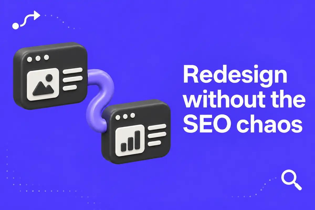 Purple editorial cover for Website Redesign SEO: A Webflow Plan to Protect Organic Traffic