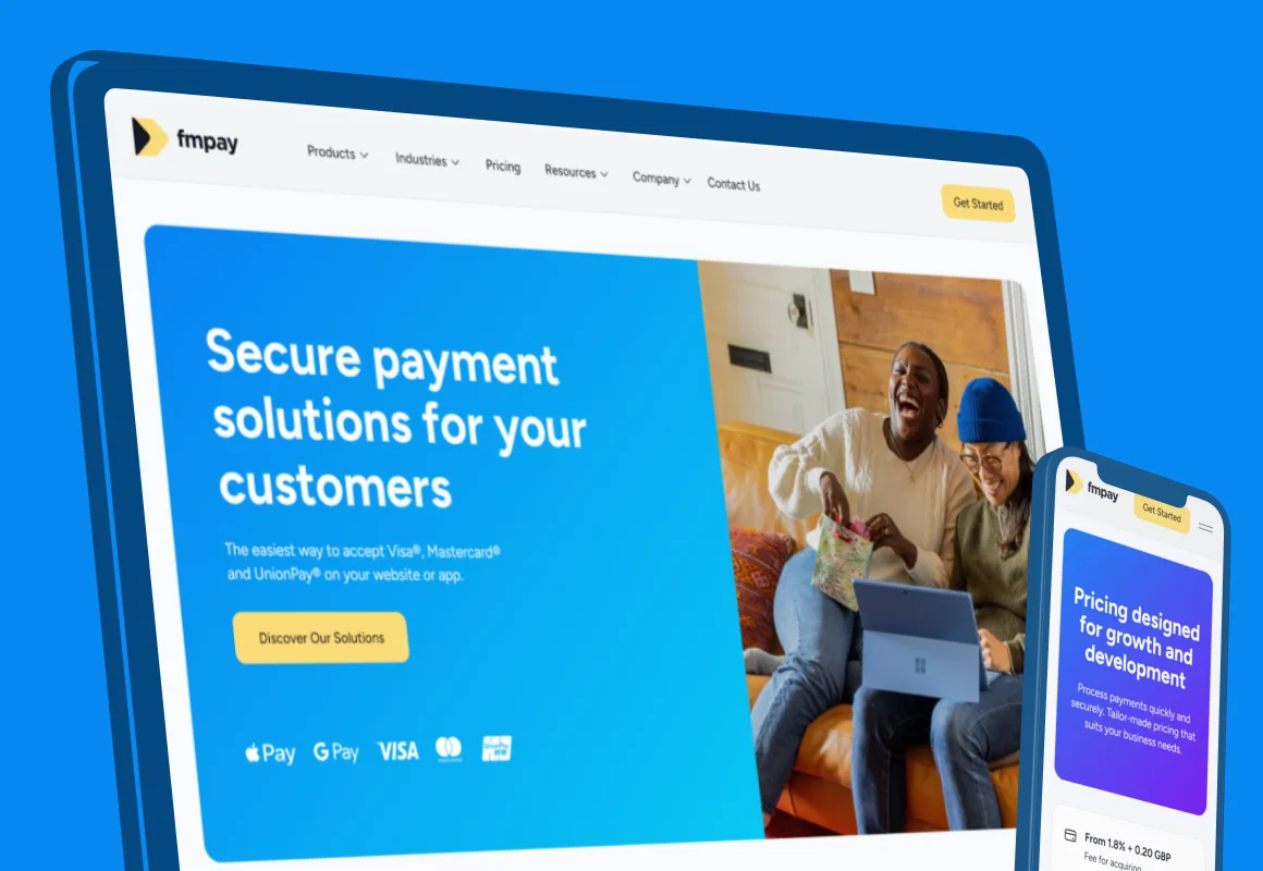FMpay marketing website shown on desktop and mobile.