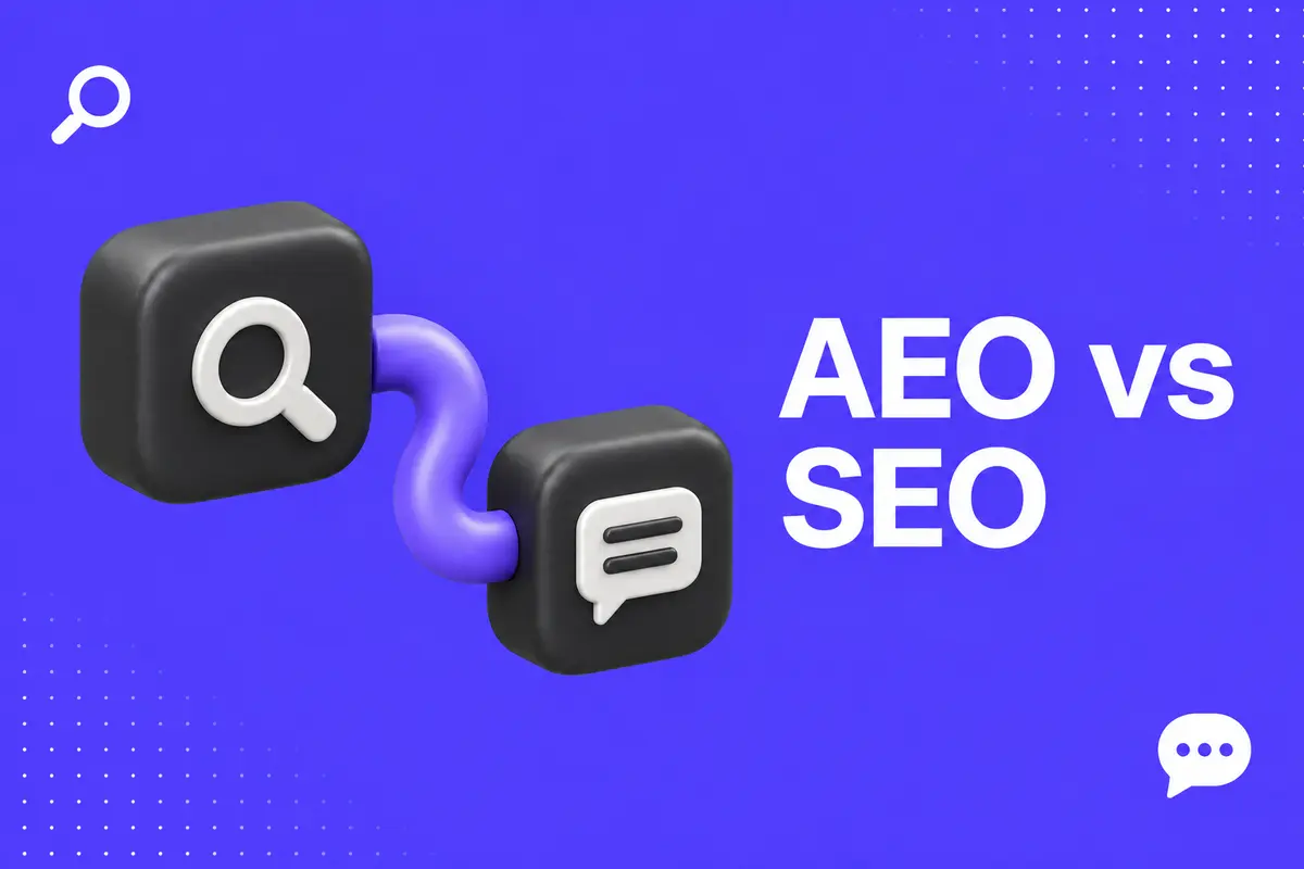 Purple editorial cover for AEO vs SEO for B2B Websites: What Changes in Practice?