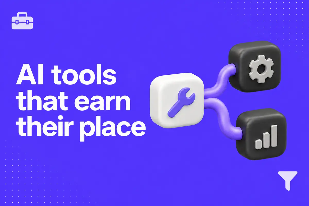 Purple editorial cover for AI Tools for Business: Build a Smaller Stack That Gets More Done