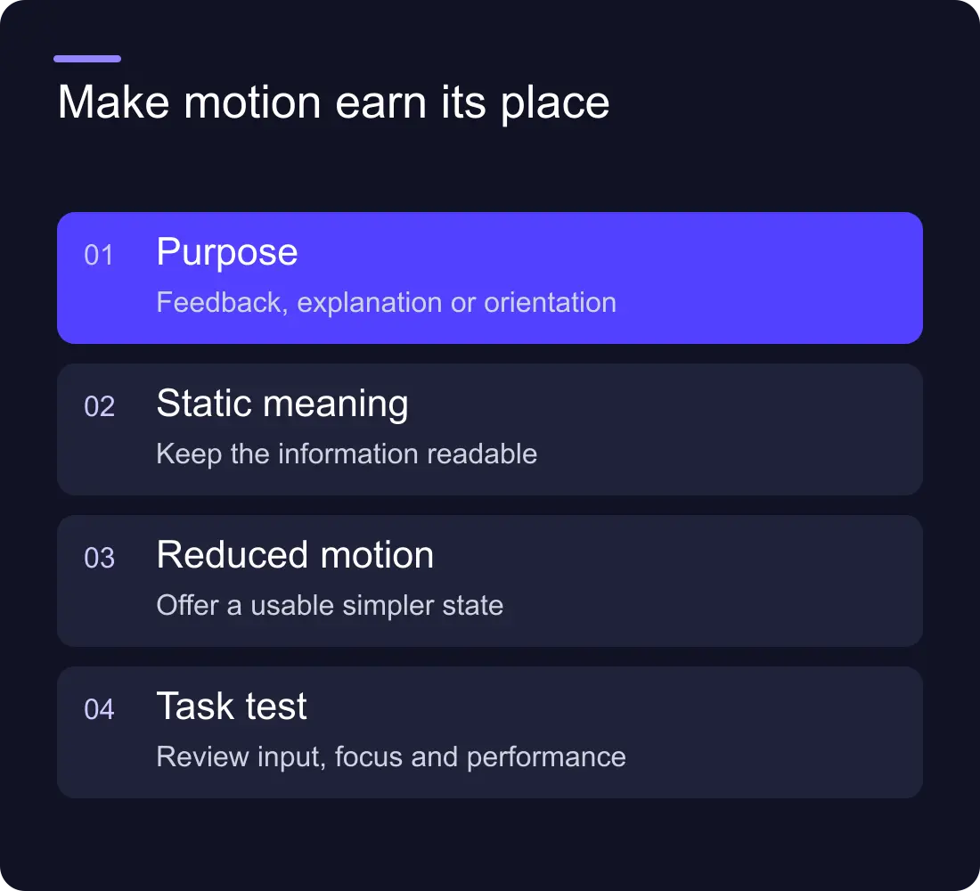 Make motion earn its place: Purpose: Feedback, explanation or orientation; Static meaning: Keep the information readable; Reduced motion: Offer a usable simpler state; Task test: Review input, focus and performance.