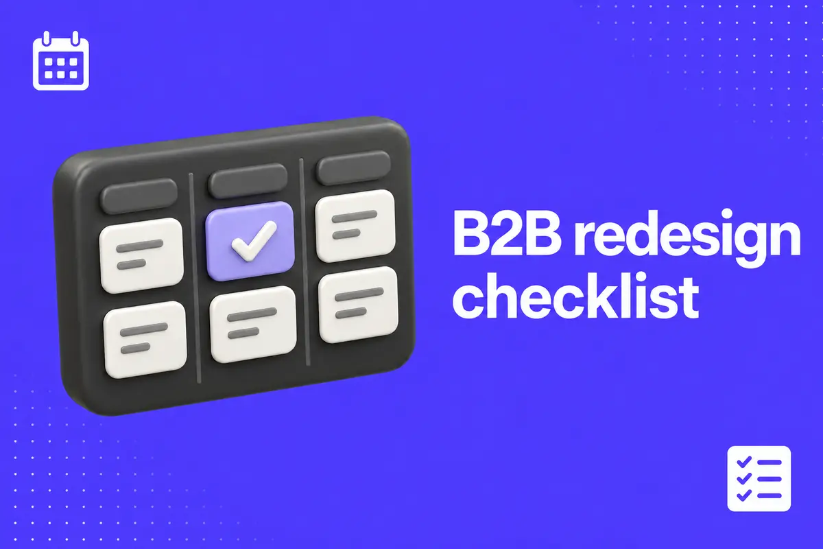 Purple editorial cover for B2B Website Redesign Checklist: Brief, Content and Launch