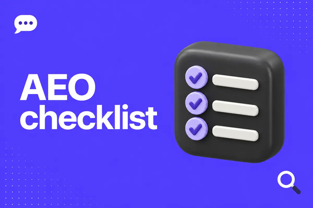 Purple editorial cover for AEO Checklist for Webflow: Crawlability, Answers and Evidence