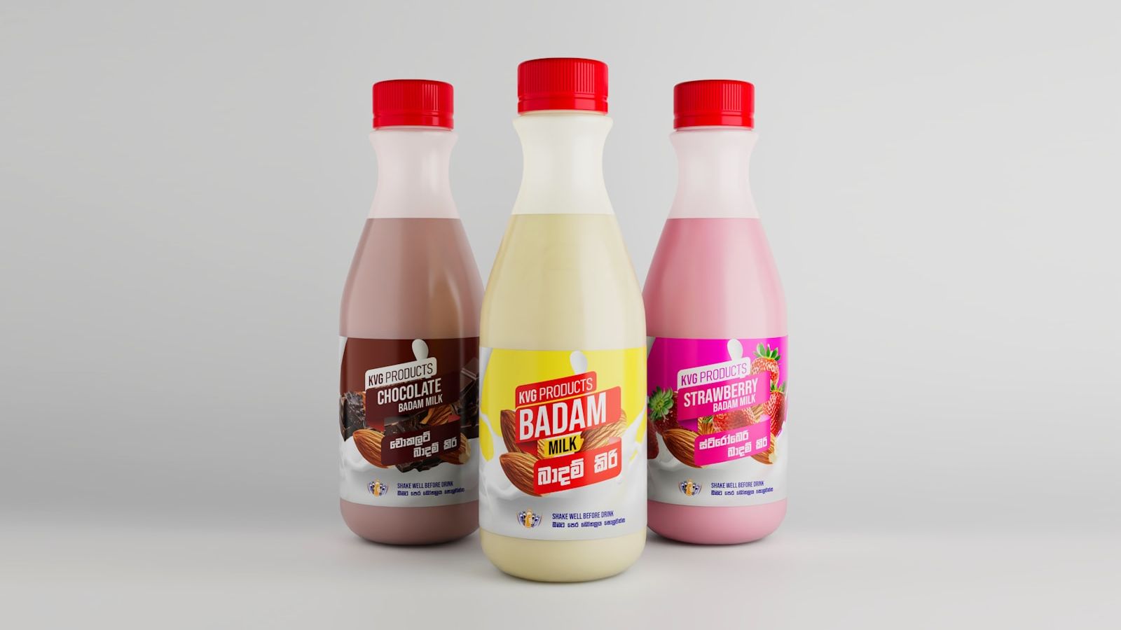 Three bottles of flavored milk drinks with red caps.