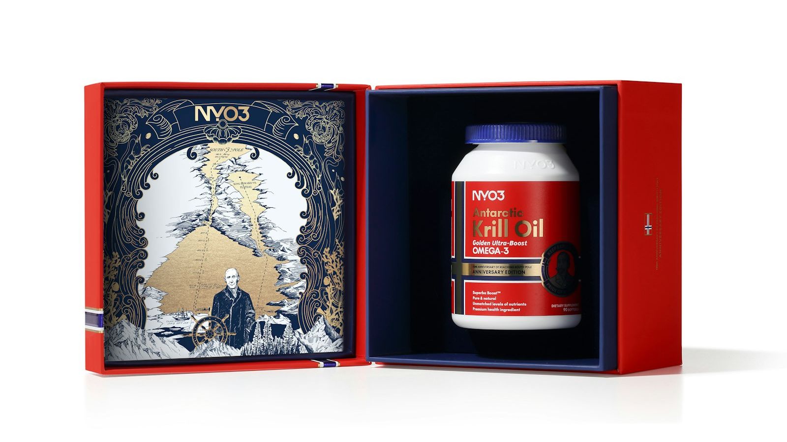 A red and blue box with a bottle in it