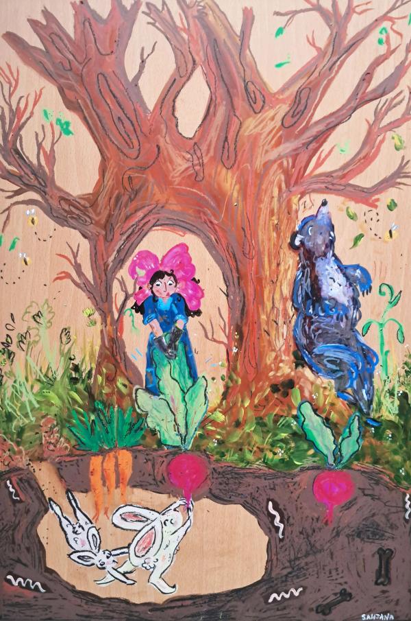 Harvest, mixed-media mural on wooden panel