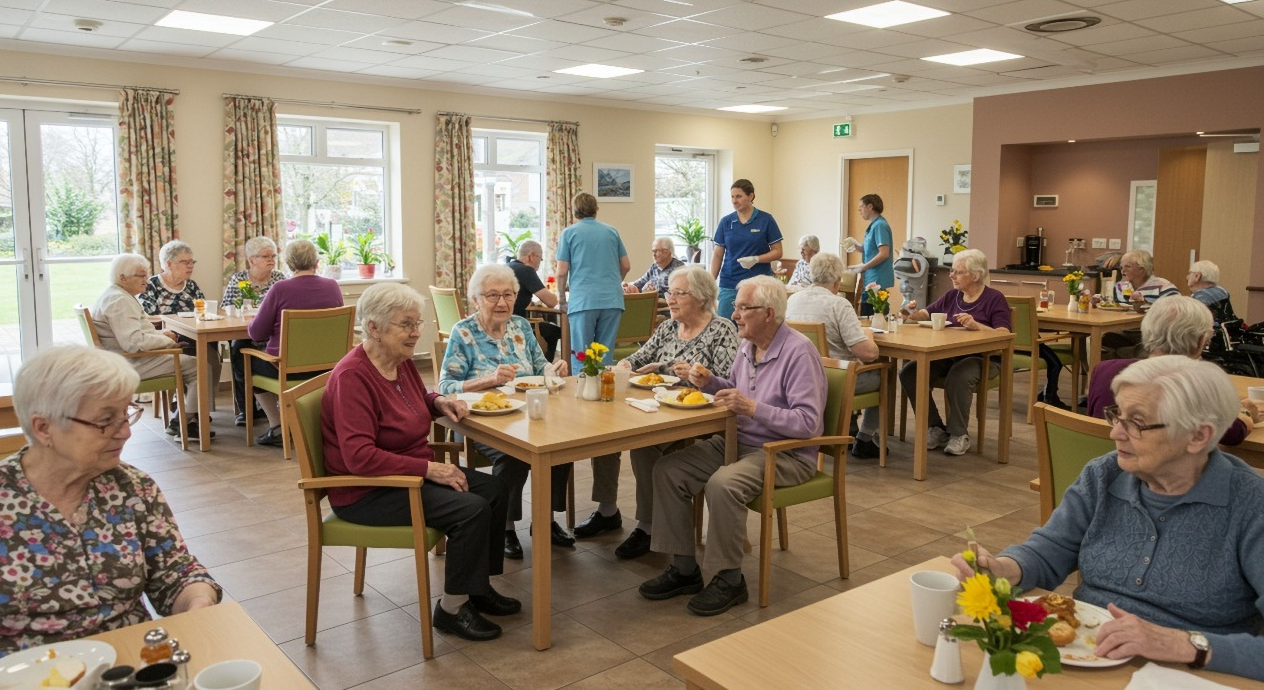 Seniors eating in a dining room