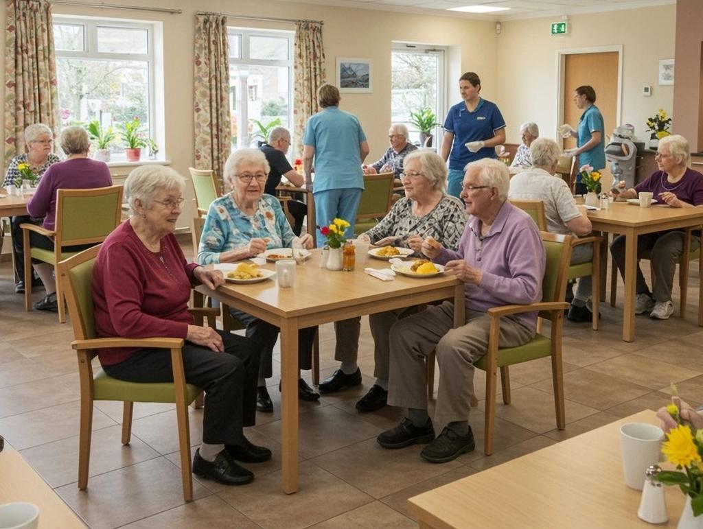 Seniors eating in a dining room