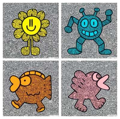 Yellow Flower, Blue Robot, Orange Fish, Pink Bird (complete set)