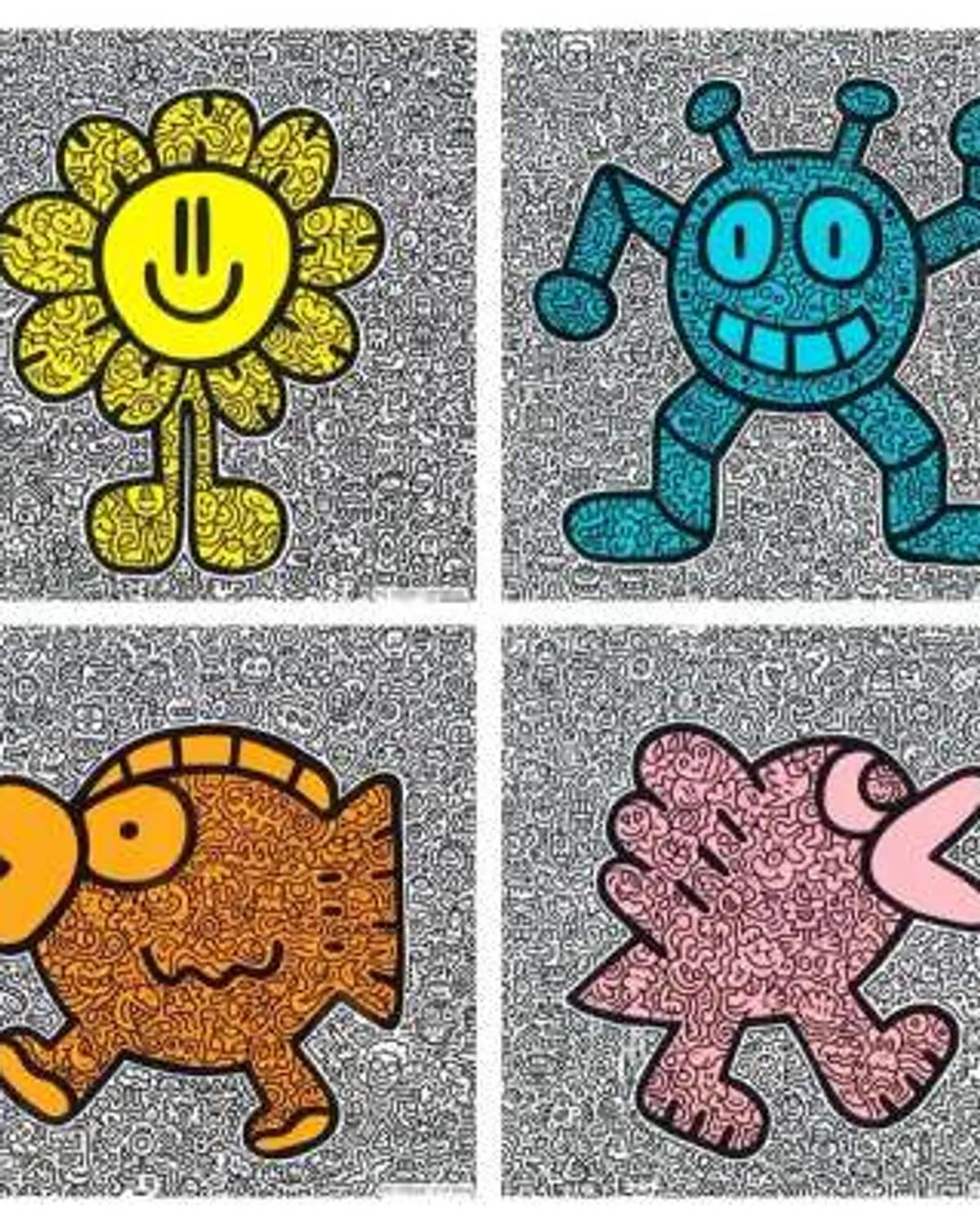 Yellow Flower, Blue Robot, Orange Fish, Pink Bird (complete set) by Mr Doodle