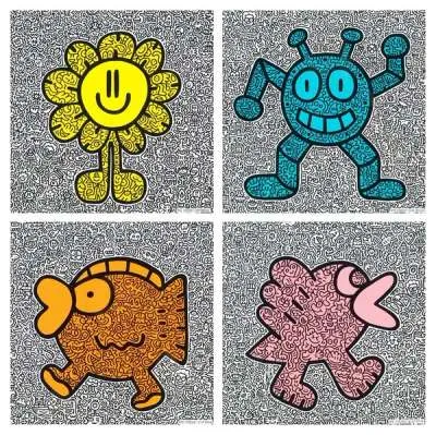 Yellow Flower, Blue Robot, Orange Fish, Pink Bird (complete set) by Mr Doodle