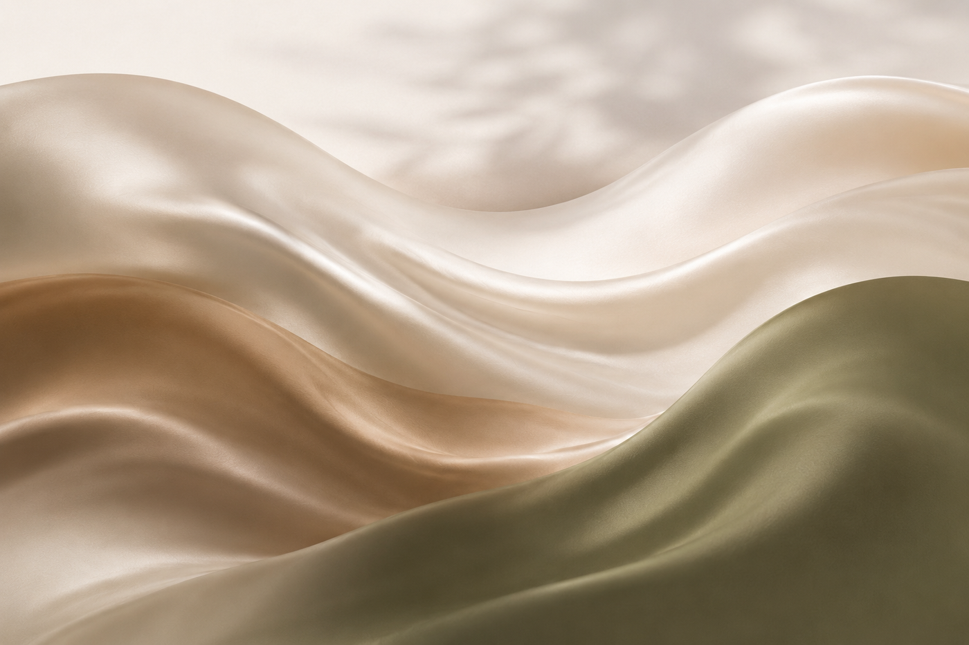 An elegant fluid wave gradient artwork in calm white, olive green, and rich brown, representing the 5 dimensions of happiness and mental healing at Plernnarom Clinic.