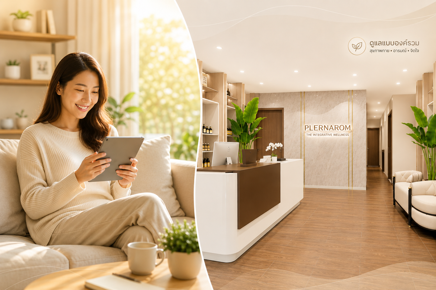 A woman receiving mental wellness support through a tablet from home alongside the welcoming reception area of Plernnarom Integrative Wellness Clinic. The image represents hybrid mental health care, online therapy, psychological counseling, and integrative wellness services in Thailand.