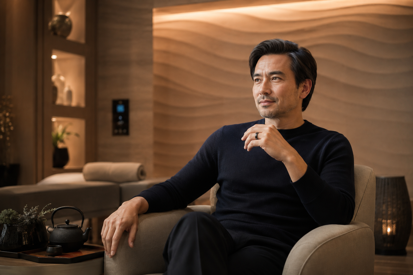 A successful, modern executive looking relaxed and mindful while sitting in a beautifully designed warm-toned private wellness space. He is wearing a sleek smart health-tracking ring. Soft, cinematic lighting creating a feeling of mindfulness, mental clarity, and stress relief. Modern luxury wellness center environment, calming atmosphere with subtle wave-patterned textures in the background. Photorealistic, premium lifestyle photography.