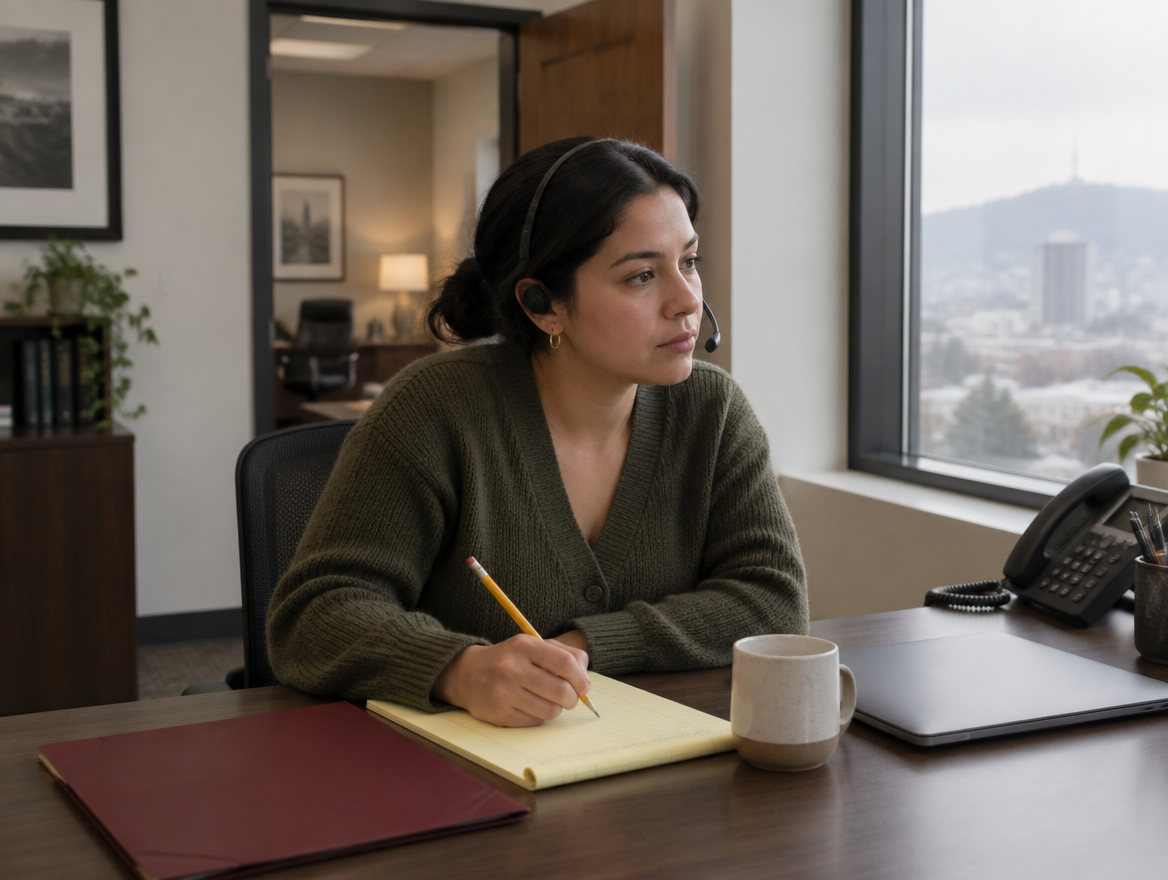An intake coordinator on a call, notes in hand