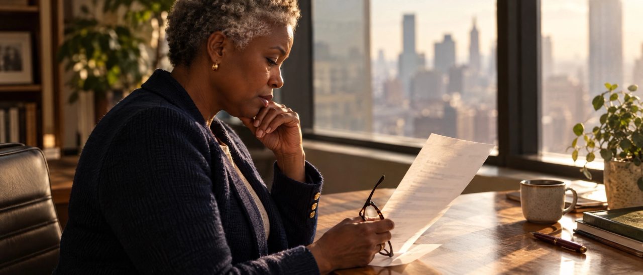 A partner at her desk reading a layoff notice, the city behind her