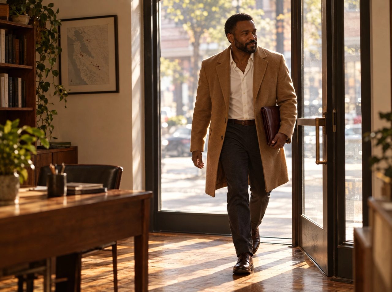 A lawyer arriving through his firm’s glass front door in the morning