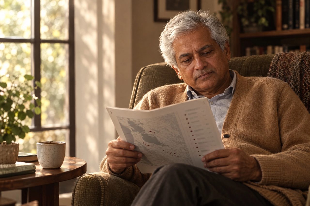 An attorney reading the printed monthly brief in an armchair by a window