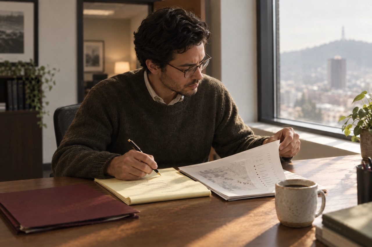 A paralegal working through the monthly brief with a legal pad