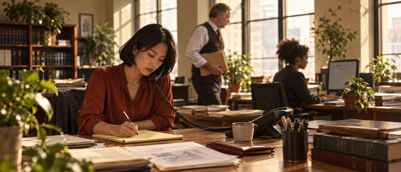 A small law firm’s office at work in the morning: an intake call being taken, an attorney passing with a file