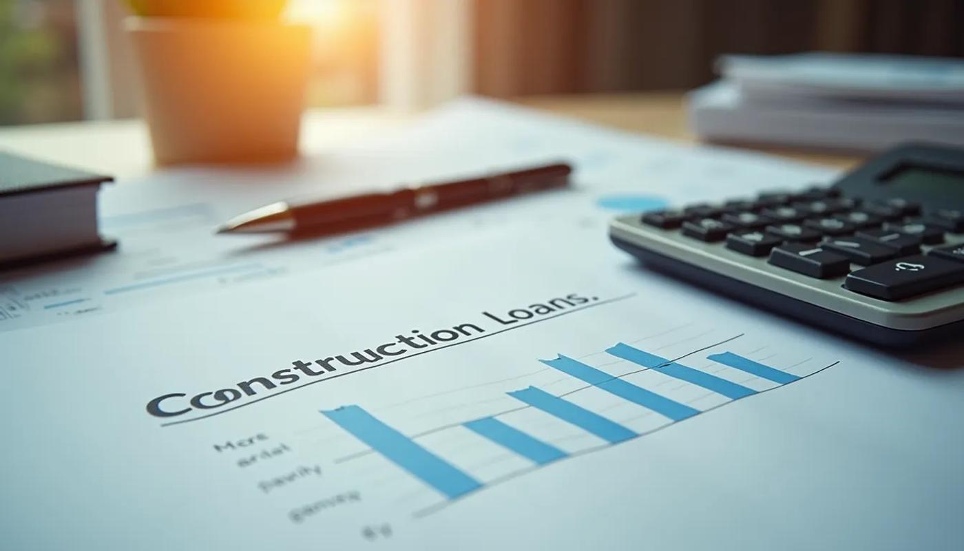 High angle view of construction loan documents and calculator on a desk