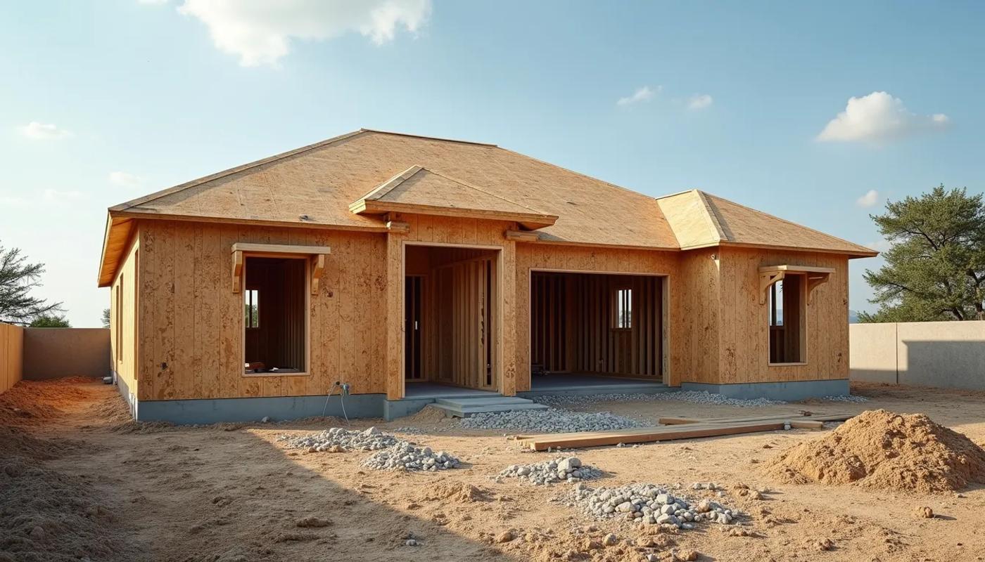 Wide angle view of a construction site with a custom home framework in San Antonio