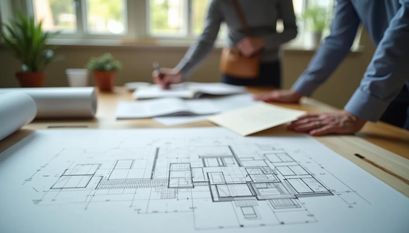 Close-up view of architectural plans and construction materials on a worktable