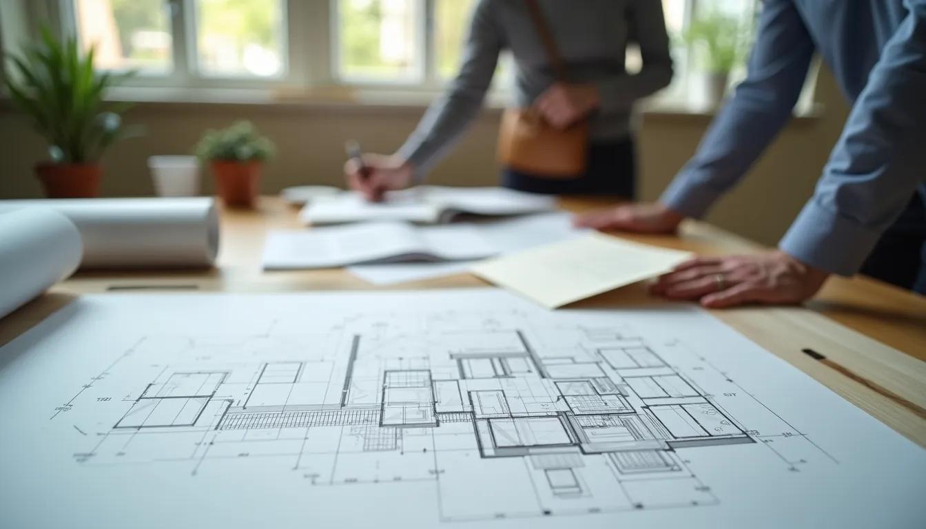 Close-up view of architectural plans and construction materials on a worktable