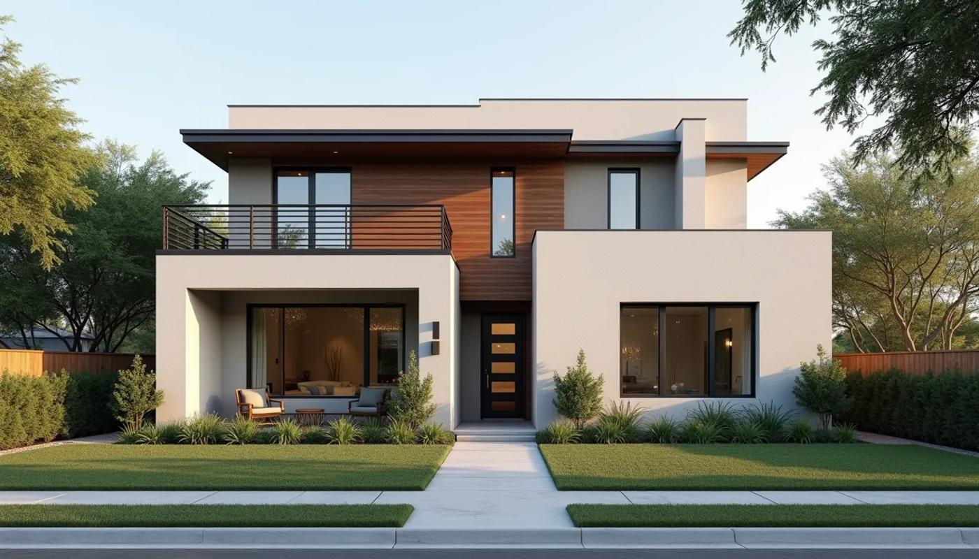 Eye-level view of a modern custom home exterior in San Antonio