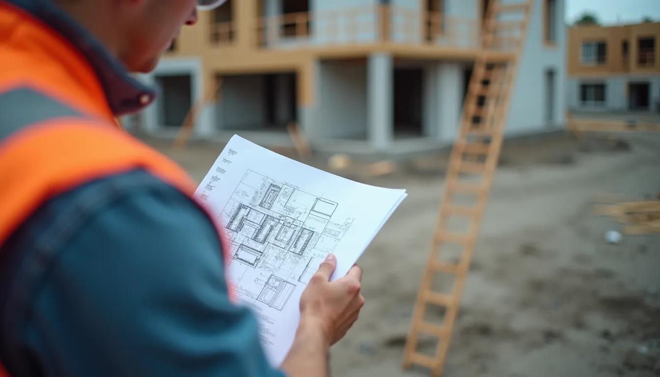 Close-up view of a builder reviewing blueprints on a construction site