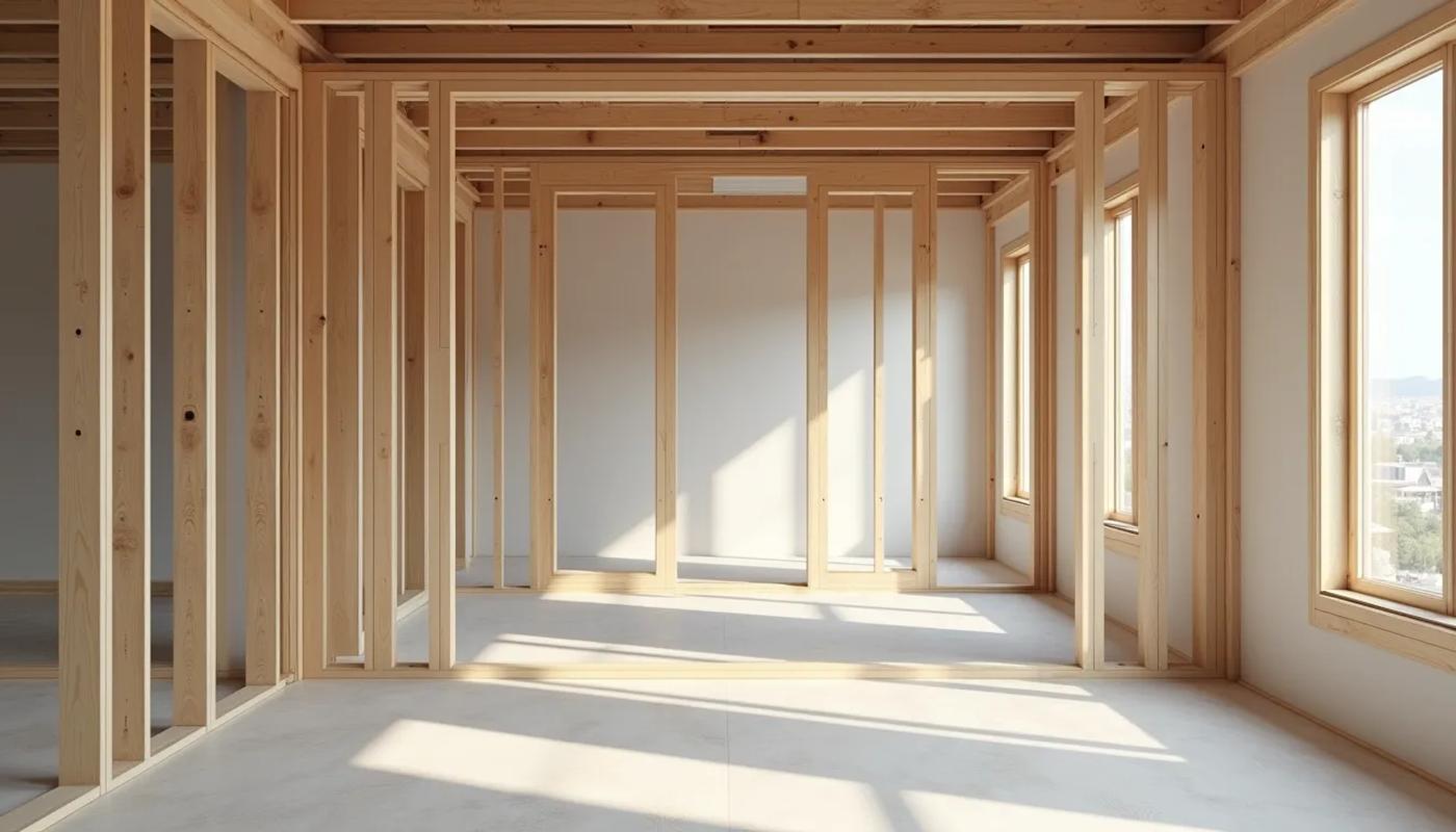 Wide angle view of a partially completed custom home interior with framing