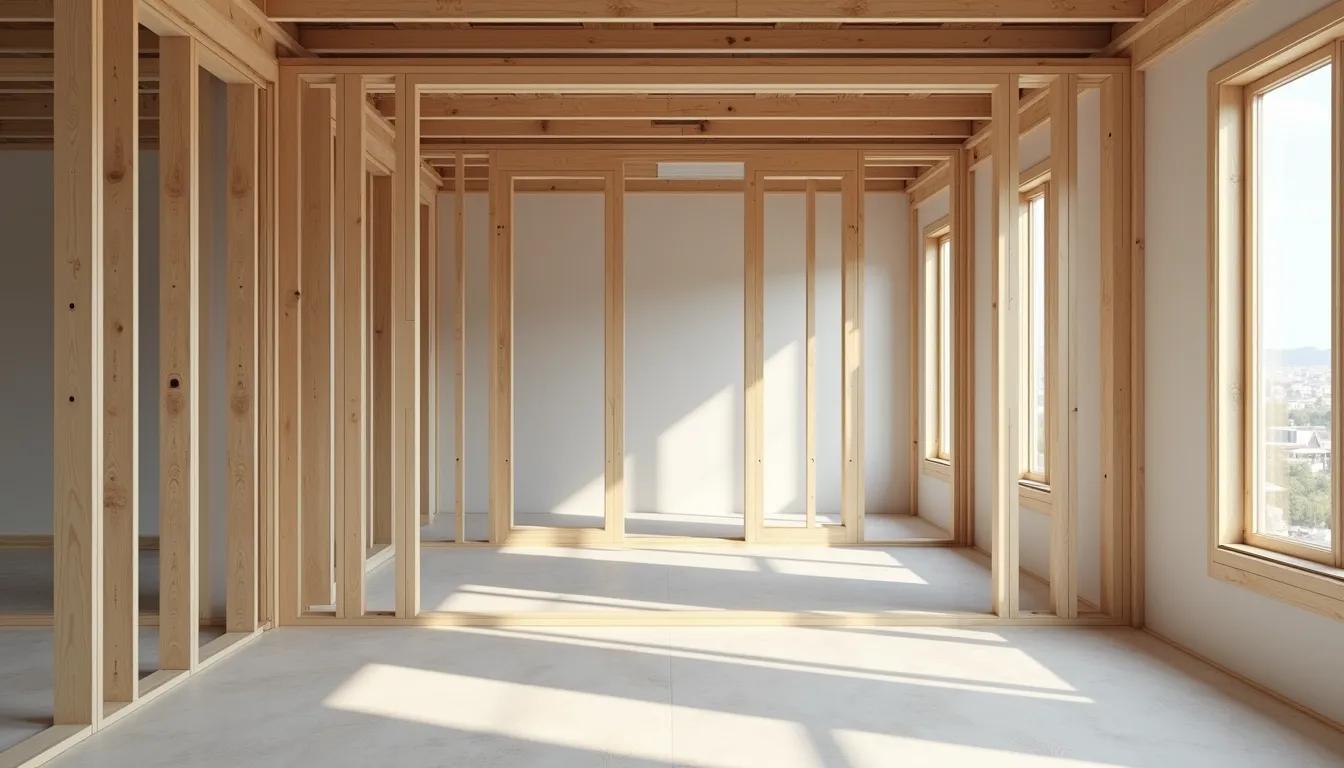 Wide angle view of a partially completed custom home interior with framing
