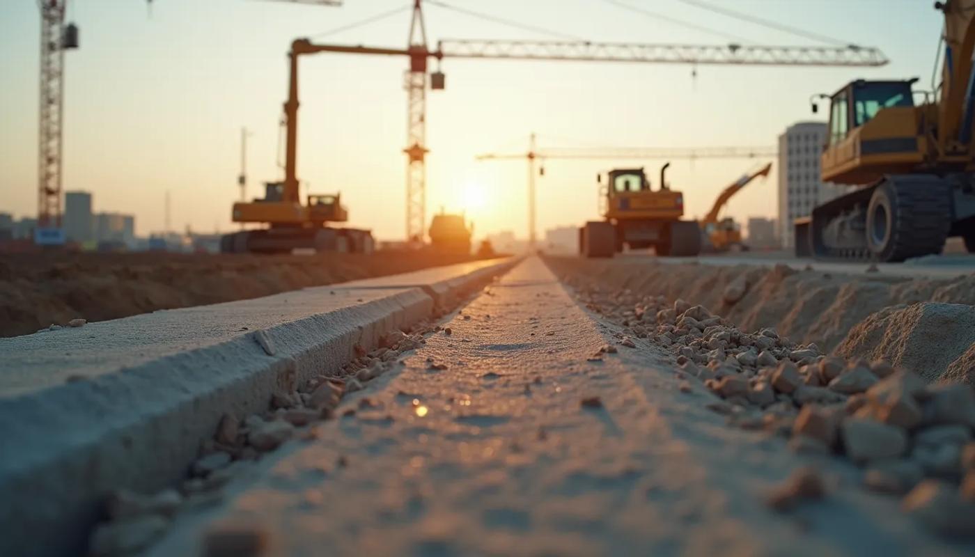 Eye-level view of a construction site with foundation work in progress