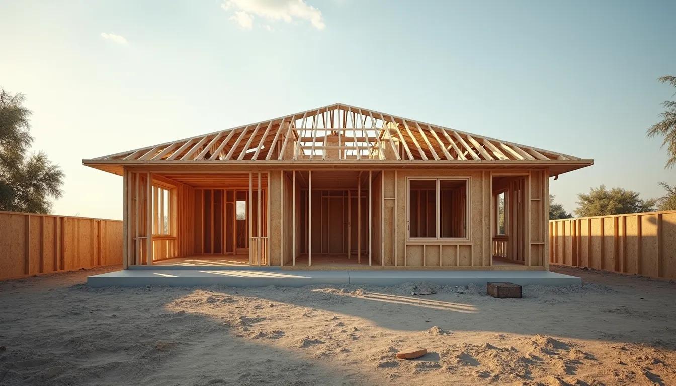 Wide angle view of a small custom home under construction with framing visible