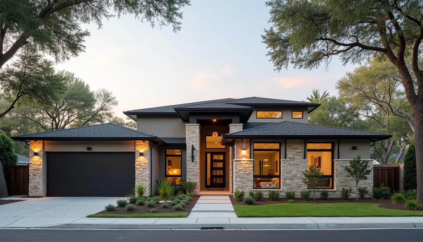 Eye-level view of a modern custom home exterior in San Antonio