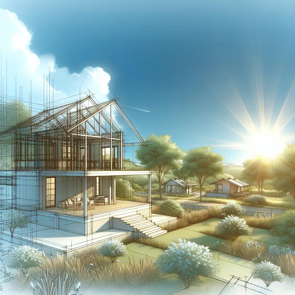 Illustration of a modern house under construction, with exposed framing and landscaped grounds in sunlight.