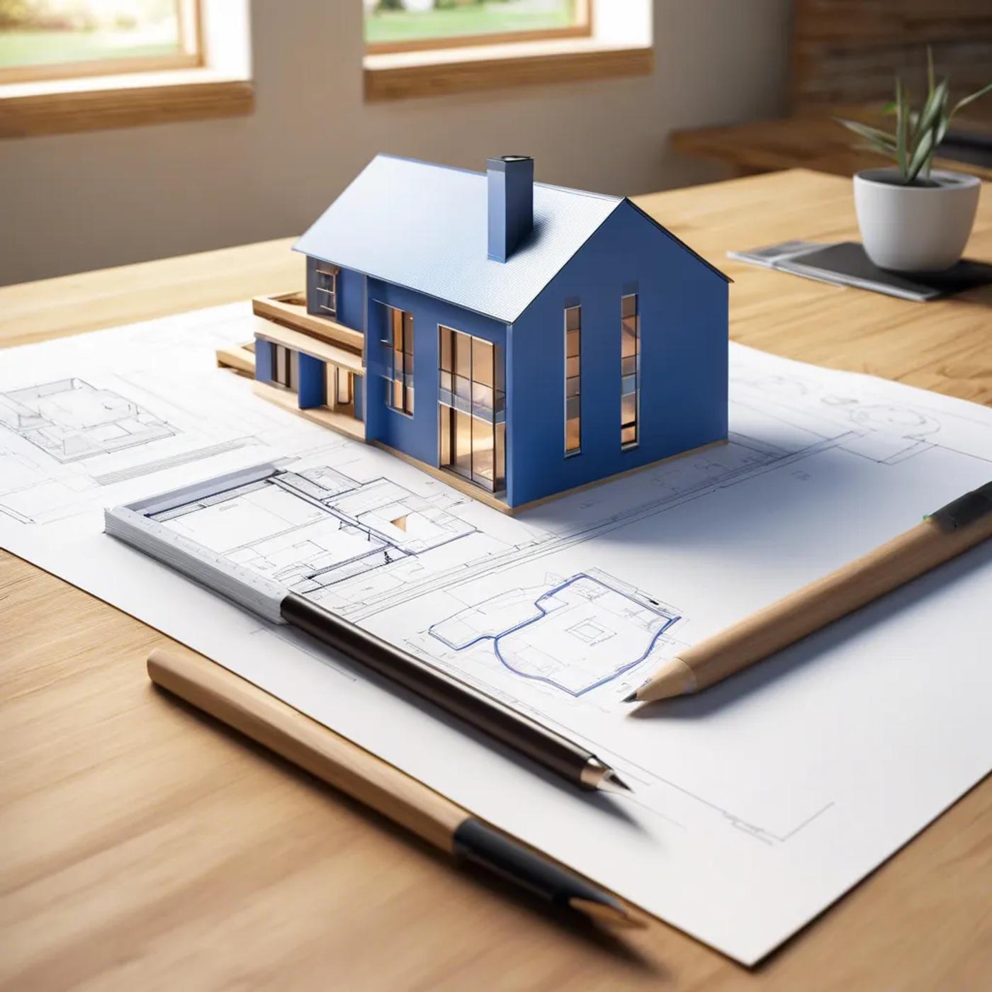 Blue model house resting on architectural plans beside a pencil on a wooden desk.