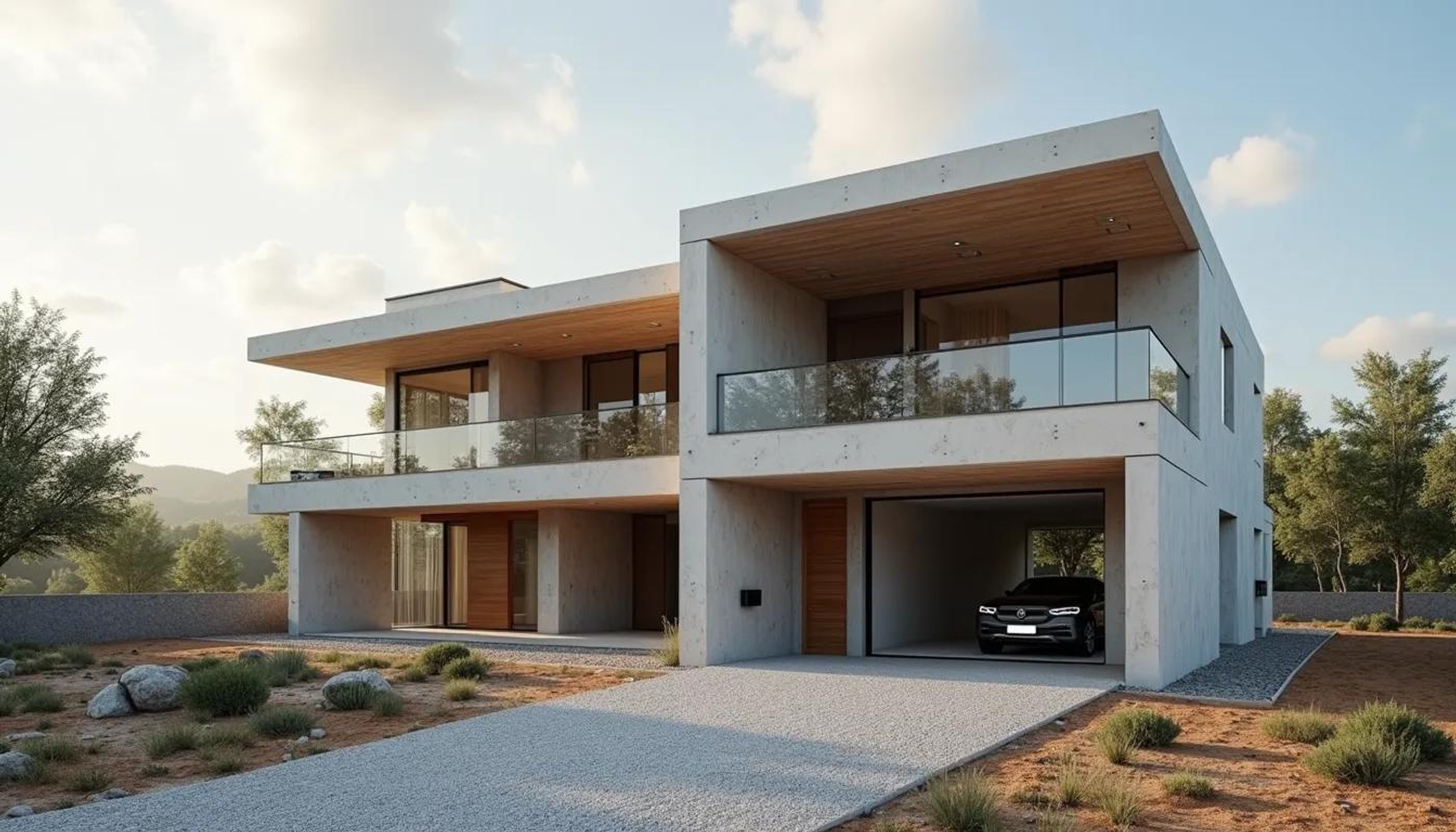 Eye-level view of a modern custom home exterior under construction