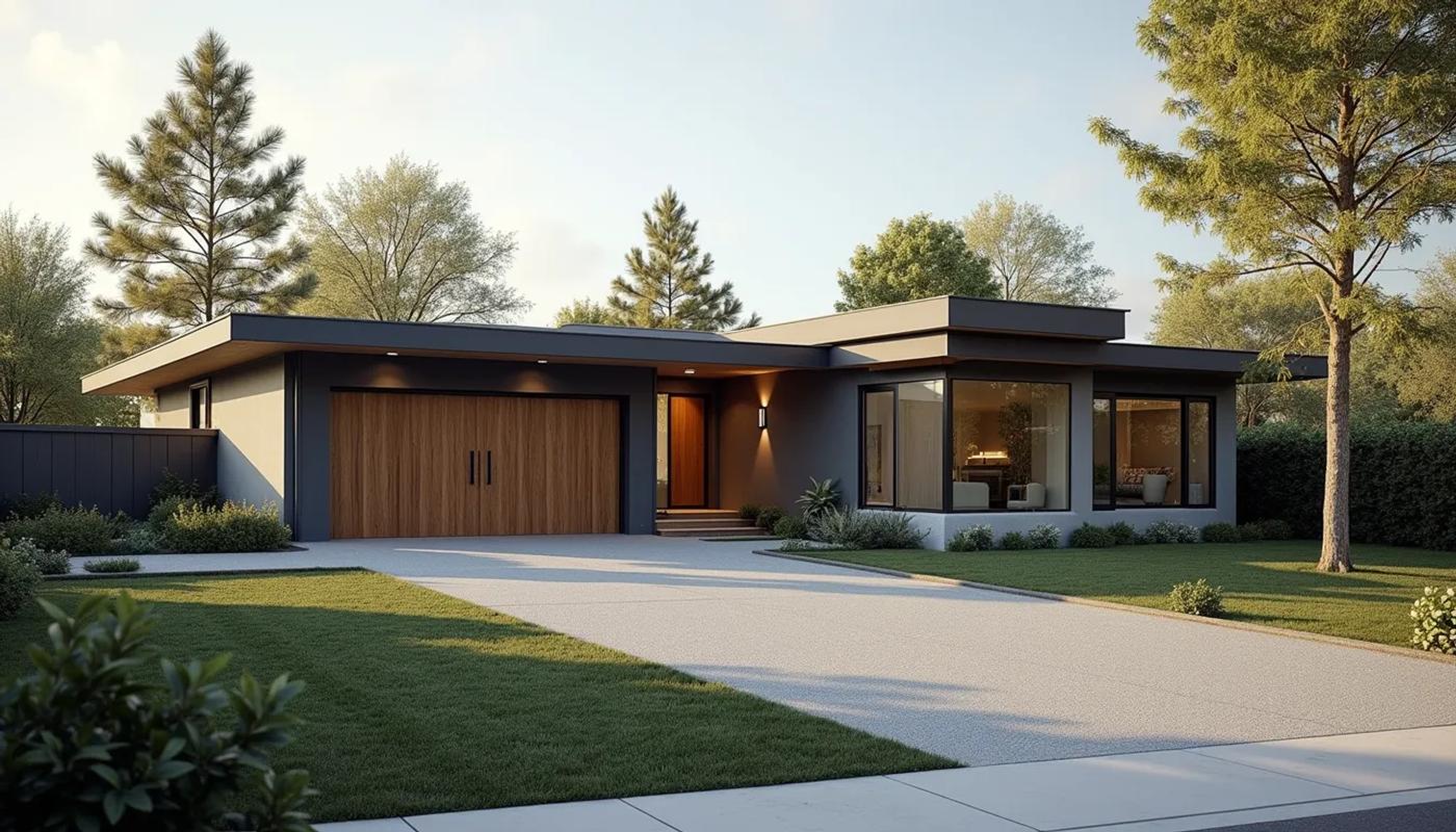 Wide angle view of a modern single-story custom home exterior