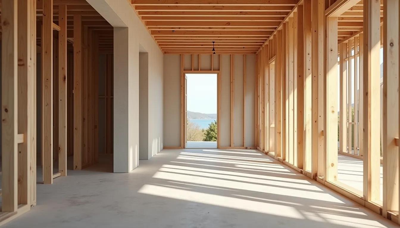 Eye-level view of a modern custom home under construction with framing visible