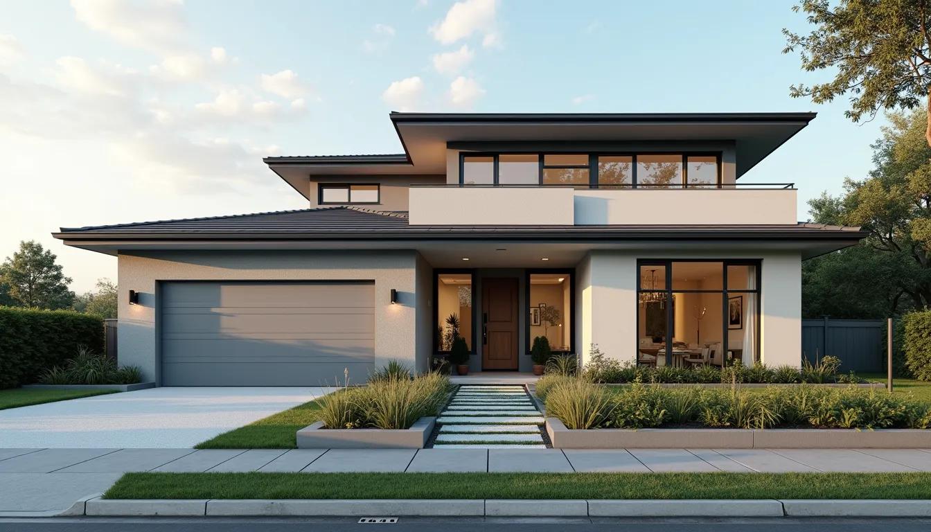 Eye-level view of a modern new home exterior with clean lines and fresh landscaping