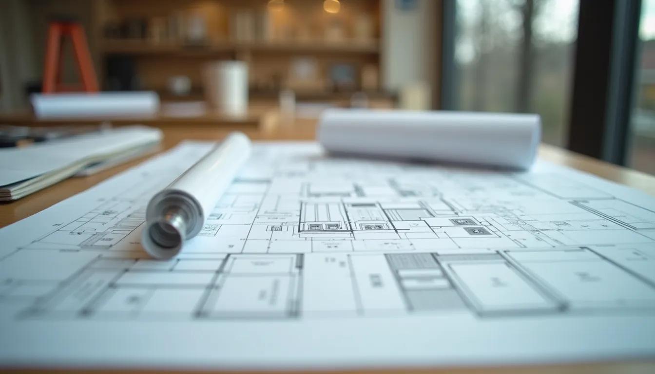 Close-up view of architectural plans and construction materials on a worktable