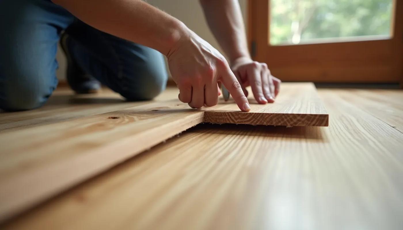Close-up view of a craftsman installing wooden flooring in a custom home