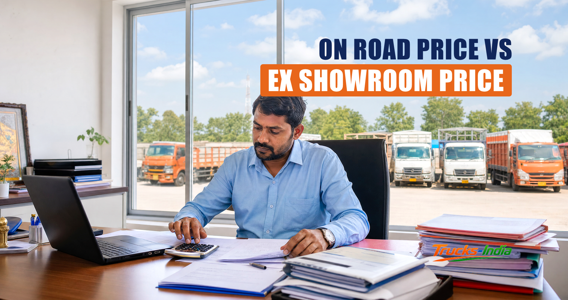 Truck buyer reviewing an on road price quotation at an Indian commercial vehicle dealership