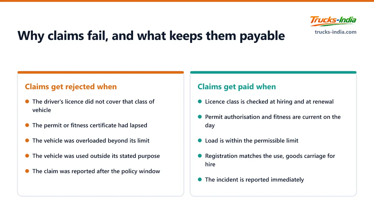 Two column list of why commercial vehicle insurance claims are rejected in India against what keeps a claim payable, showing that most rejections are paperwork rather than driving