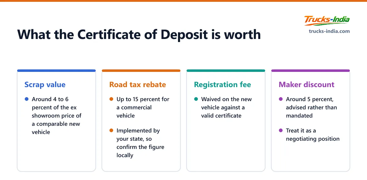 What a Certificate of Deposit from a registered vehicle scrapping facility is worth to an Indian commercial vehicle owner: scrap value, road tax rebate, registration fee waiver and manufacturer discount