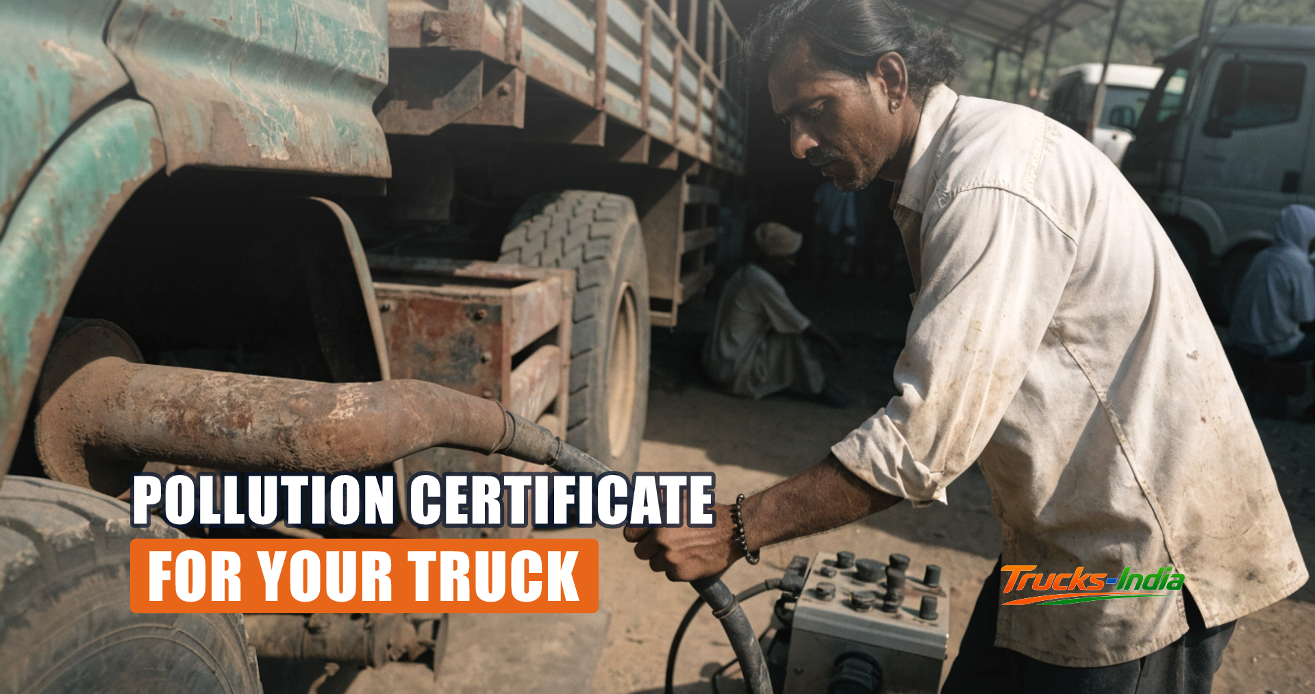 Emission testing probe inserted into the exhaust of an Indian commercial truck at a PUC centre