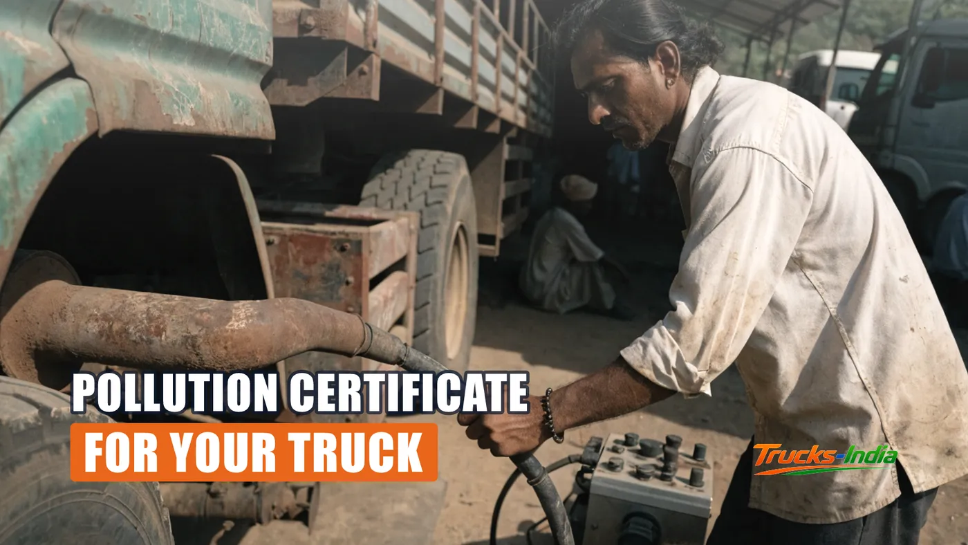 Emission testing probe inserted into the exhaust of an Indian commercial truck at a PUC centre
