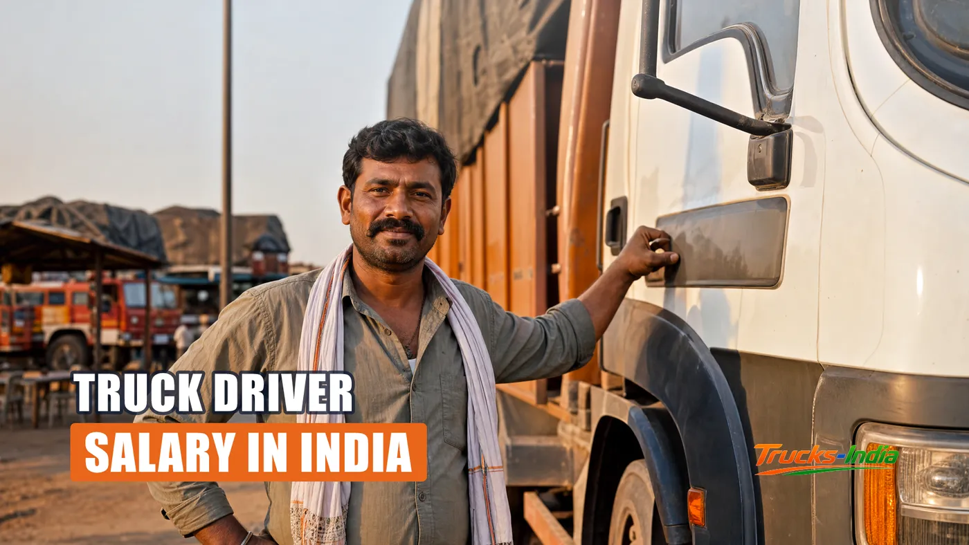 Indian truck driver in the cab of a heavy commercial vehicle at a highway stop
