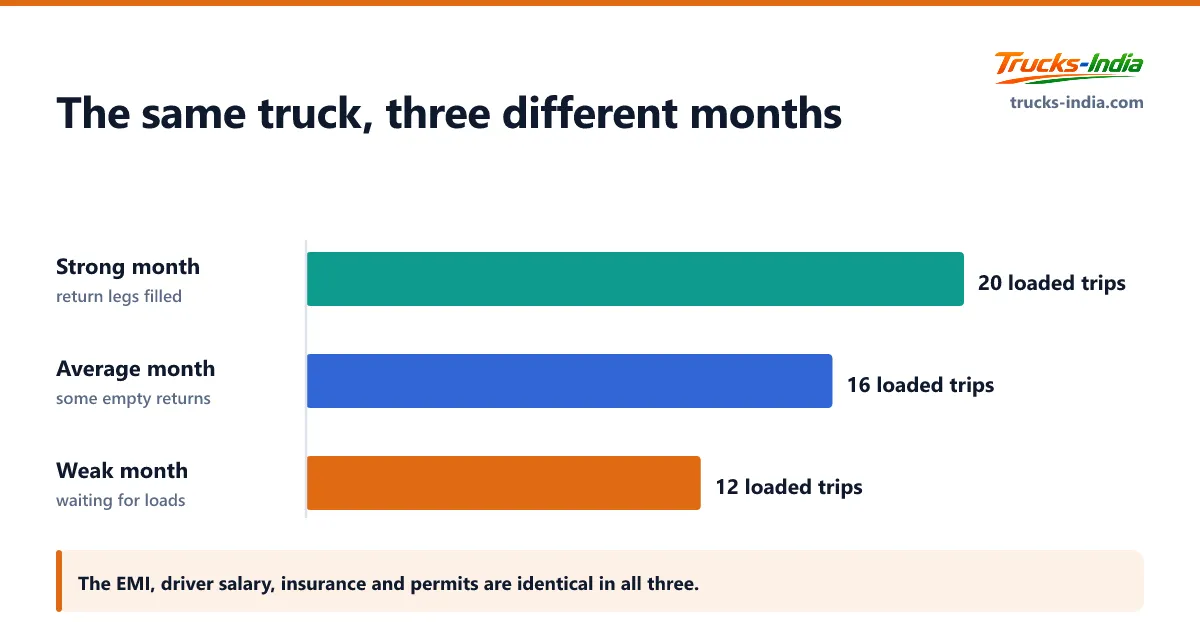 Bar chart showing how loaded trips per month change monthly revenue against an unchanged fixed cost base
